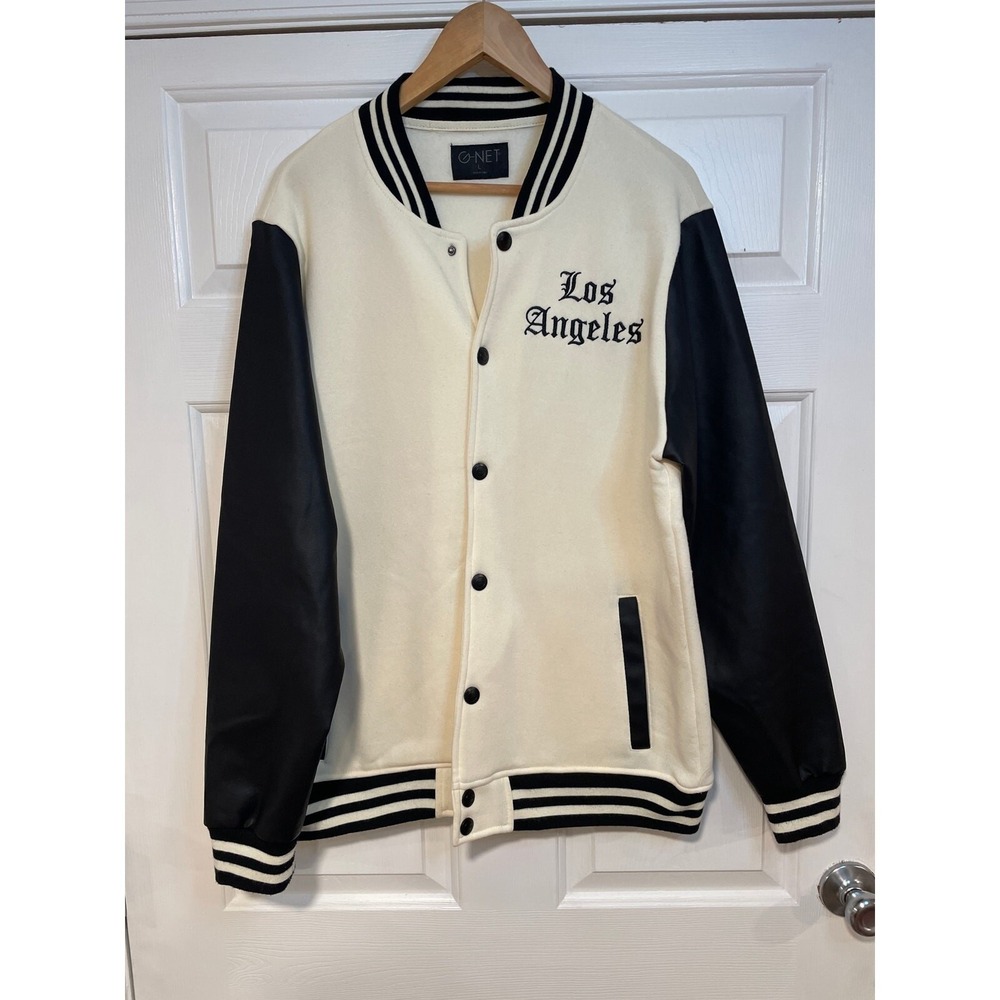 Varsity Jacket Faux‎ Leather Los Angeles LA California Mens L Black Cream G-NET